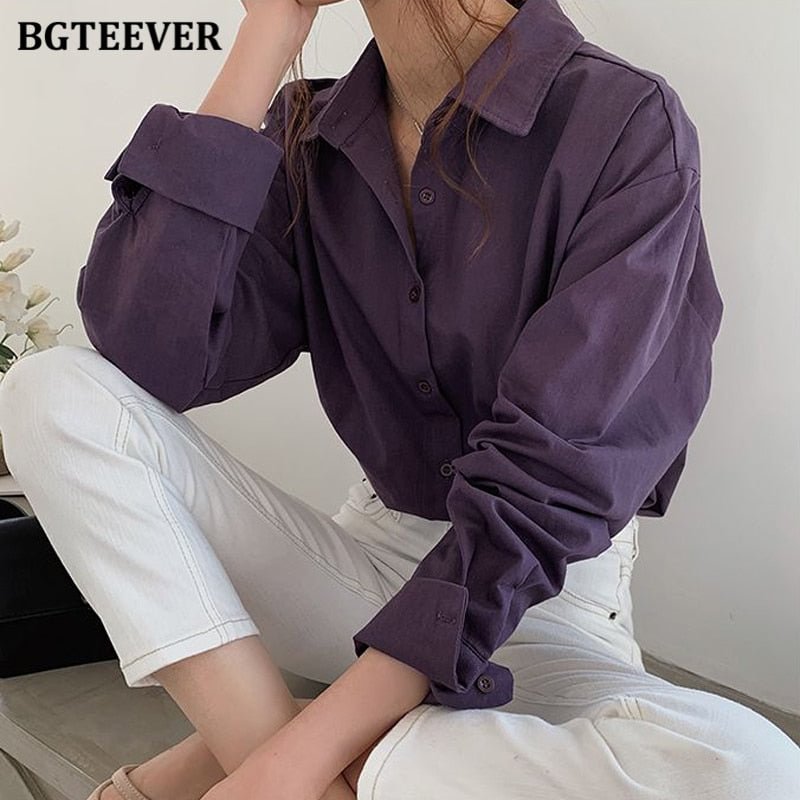 BGTEEVER Vintage Turn-down Collar Women Blouse Shirts Autumn Winter Thicken Female Blouse Tops Workwear Purple Shirts 2020