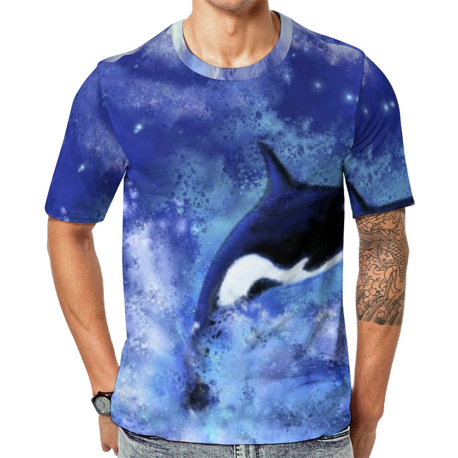 Killer Whales Full Moon Night Blue Short Sleeve Print Unisex Tshirt Summer Casual Tees for Men and Women Coolcoshirts