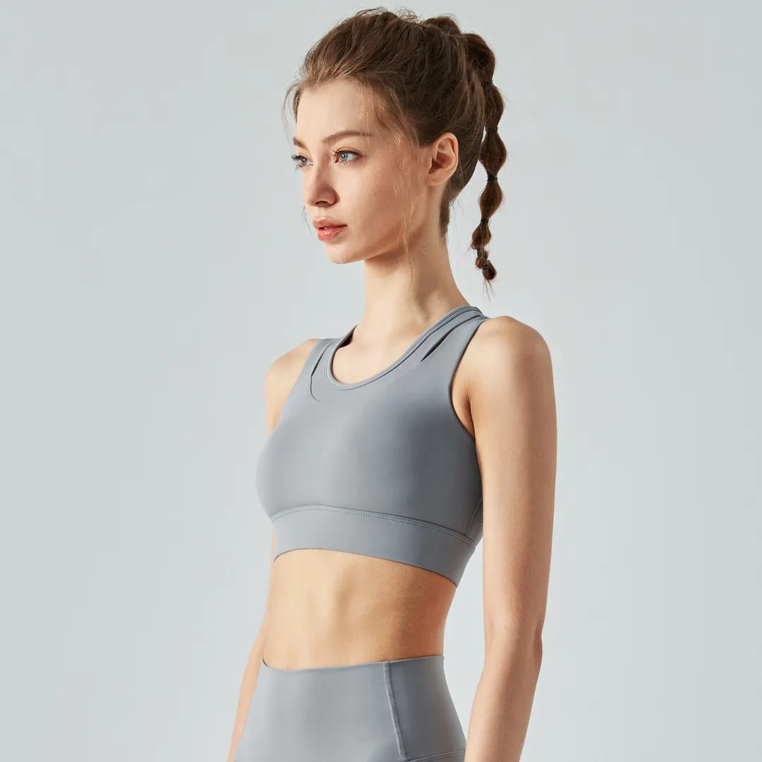 Hergymclothing Rhino Gray 2 in 1 hollow-out straps high support push up sports bra with removable pads online shopping