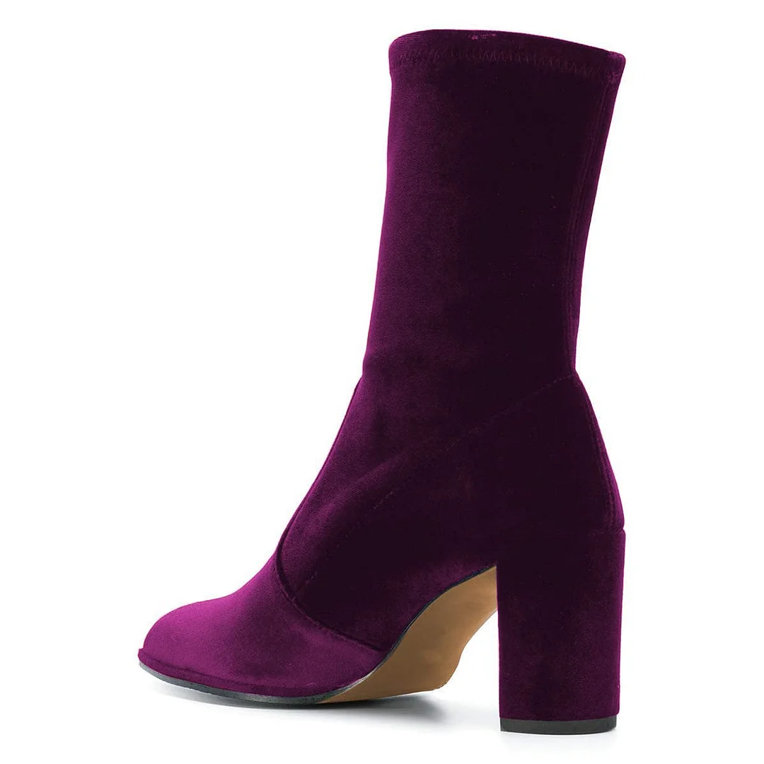 Purple Velvet Pointed Toe Pull-On Sexy Ankle Boots for Women