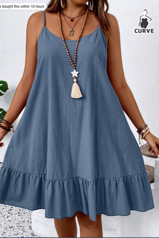 Mature Women Plus Size Solid Color Ruffle Hem Cami Summer Mini Dress