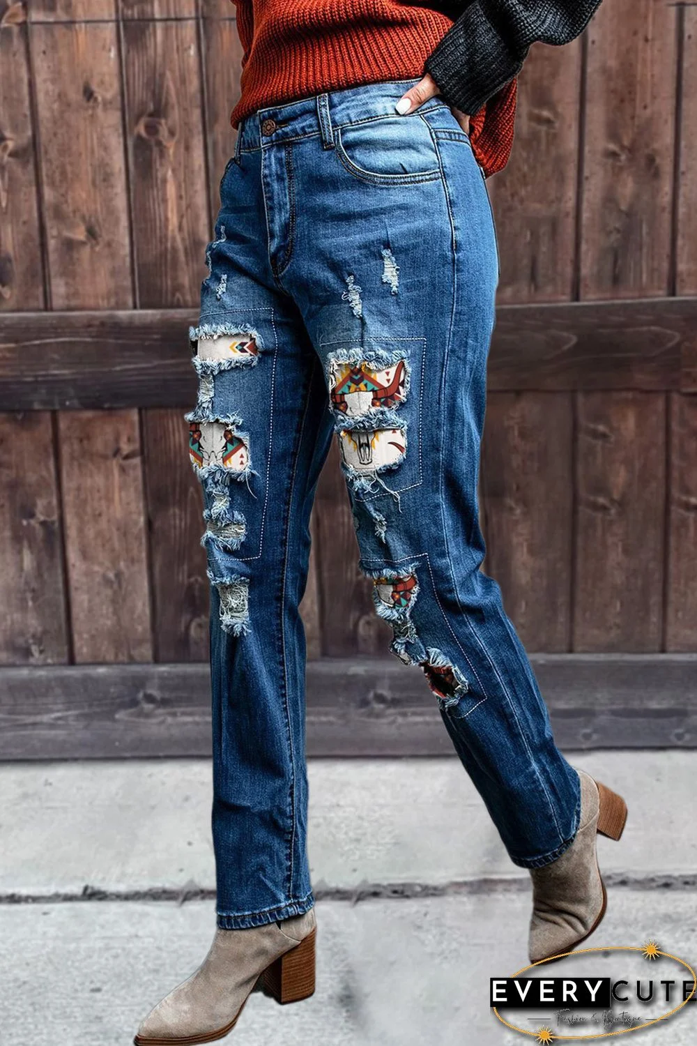 Western Pattern Patchwork High Rise Distressed Jeans