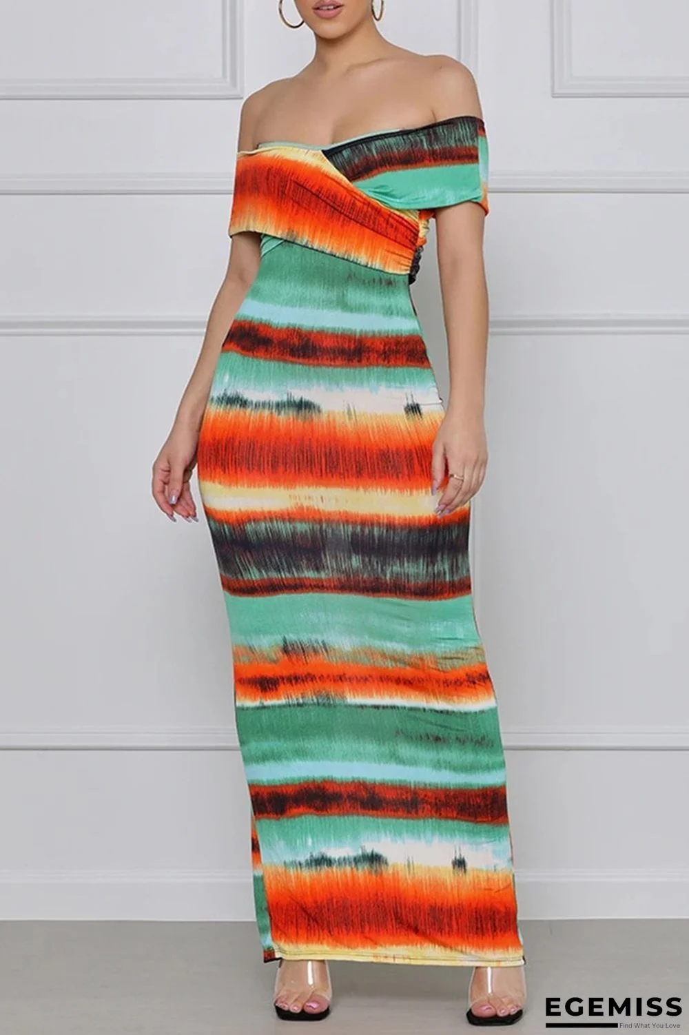 Colour Fashion Sexy Print Backless Slit Off the Shoulder Short Sleeve Dress | EGEMISS