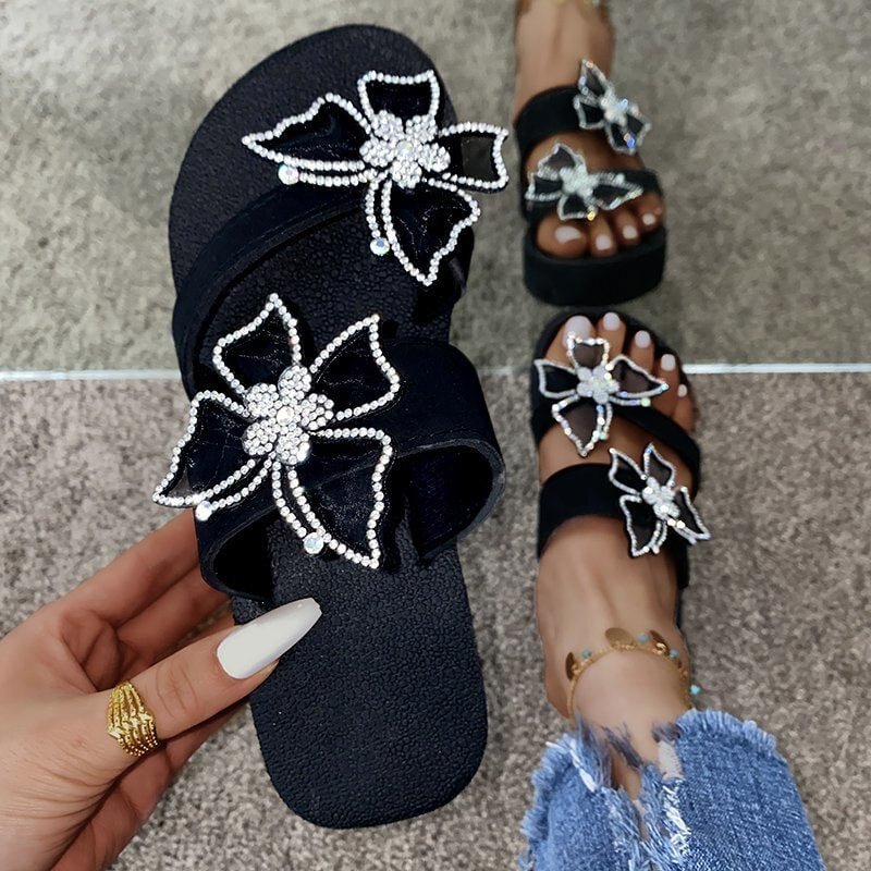 Summer Women Slippers Heels Sandals Rhinestone Bow Shoes Women Flip Flop Designer Platform Shoes Heels Sandals Women 2021