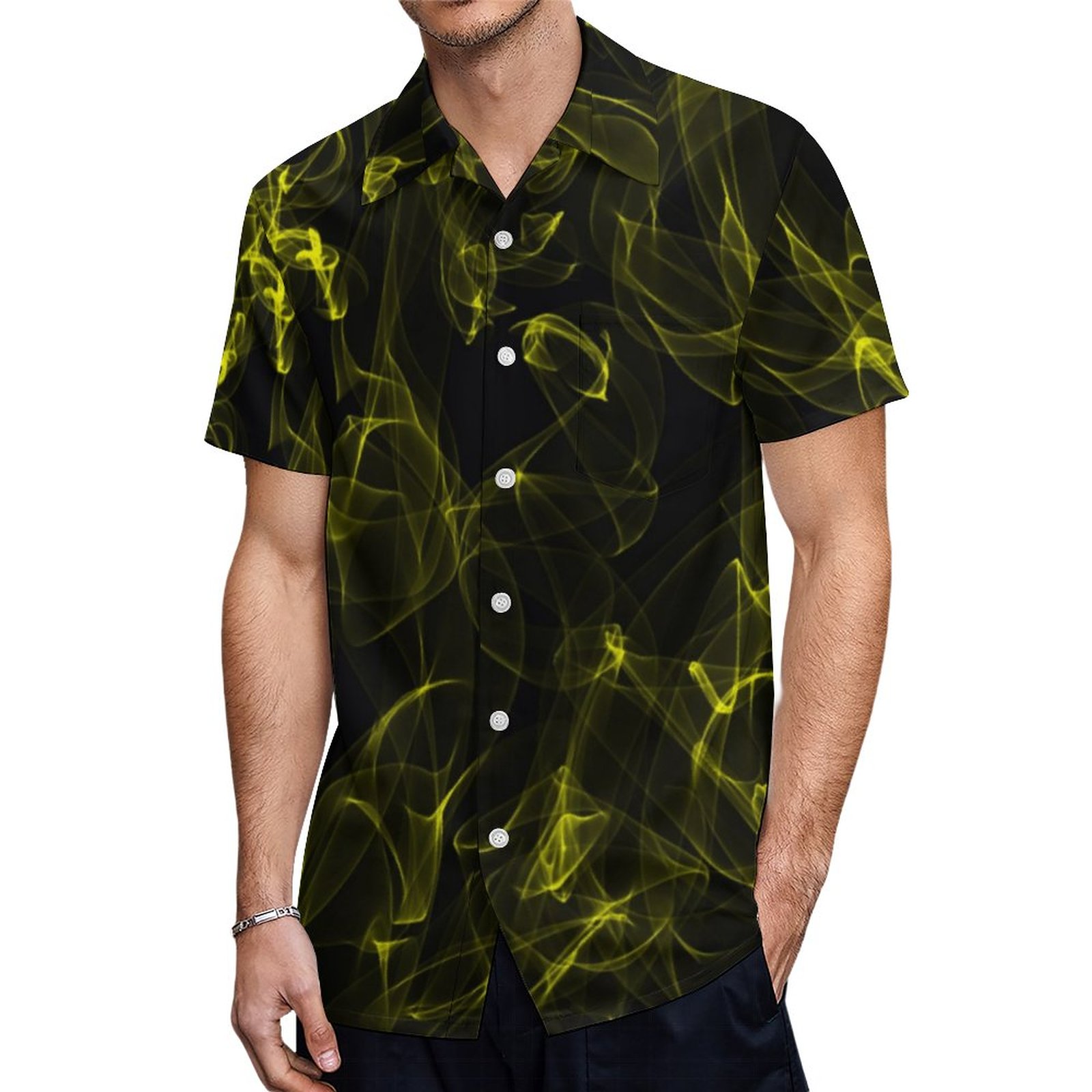 Black With Yellow Liquide Smoke Pattern Hawaiian Shirt Mens Button Down Plus Size Tropical Hawaii Beach Shirts