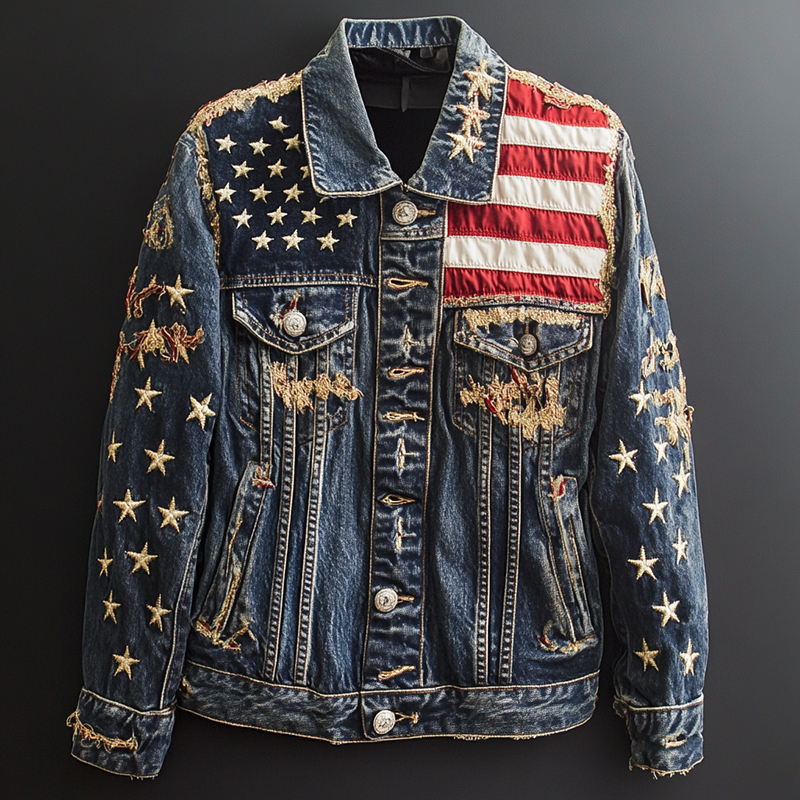 Comstylish Vintage Independence Day American Flag Art Thick Denim Jacket