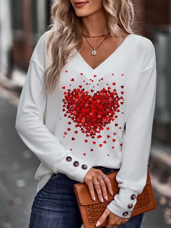 Valentine's Day Heart Print Casual Women's Tops