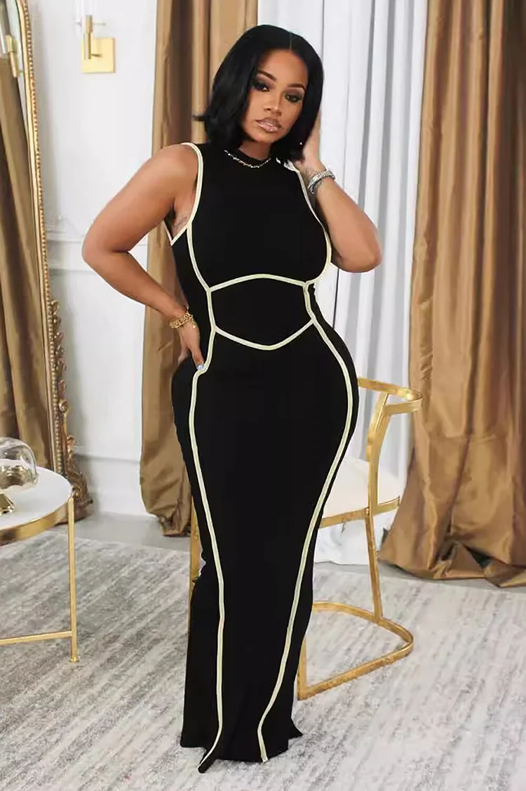 Contrast Piping Stand Collar Sleeveless Back Slit Knit Maxi Dresses-Black
