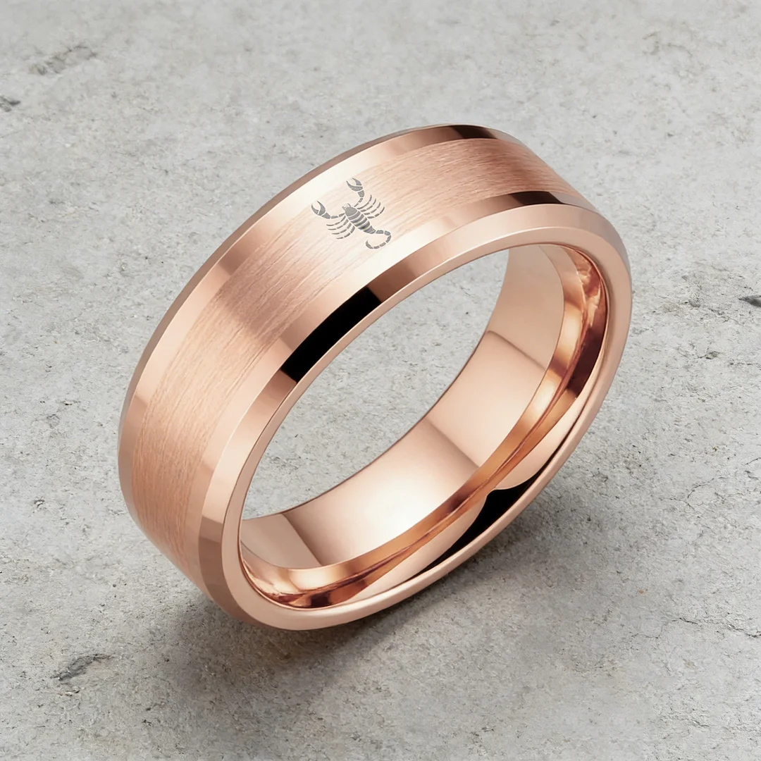 Rose Gold Scorpio Tungsten Wedding Rings Beveled Edges Rose Gold Laser Etched Couple Tungsten Carbide Ring 4MM 6MM 8MM Width
