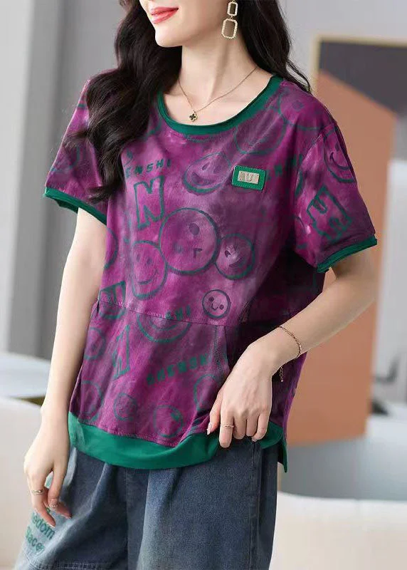 Novelty Purple O Neck Print Pockets Patchwork Cotton T Shirt Tops Summer