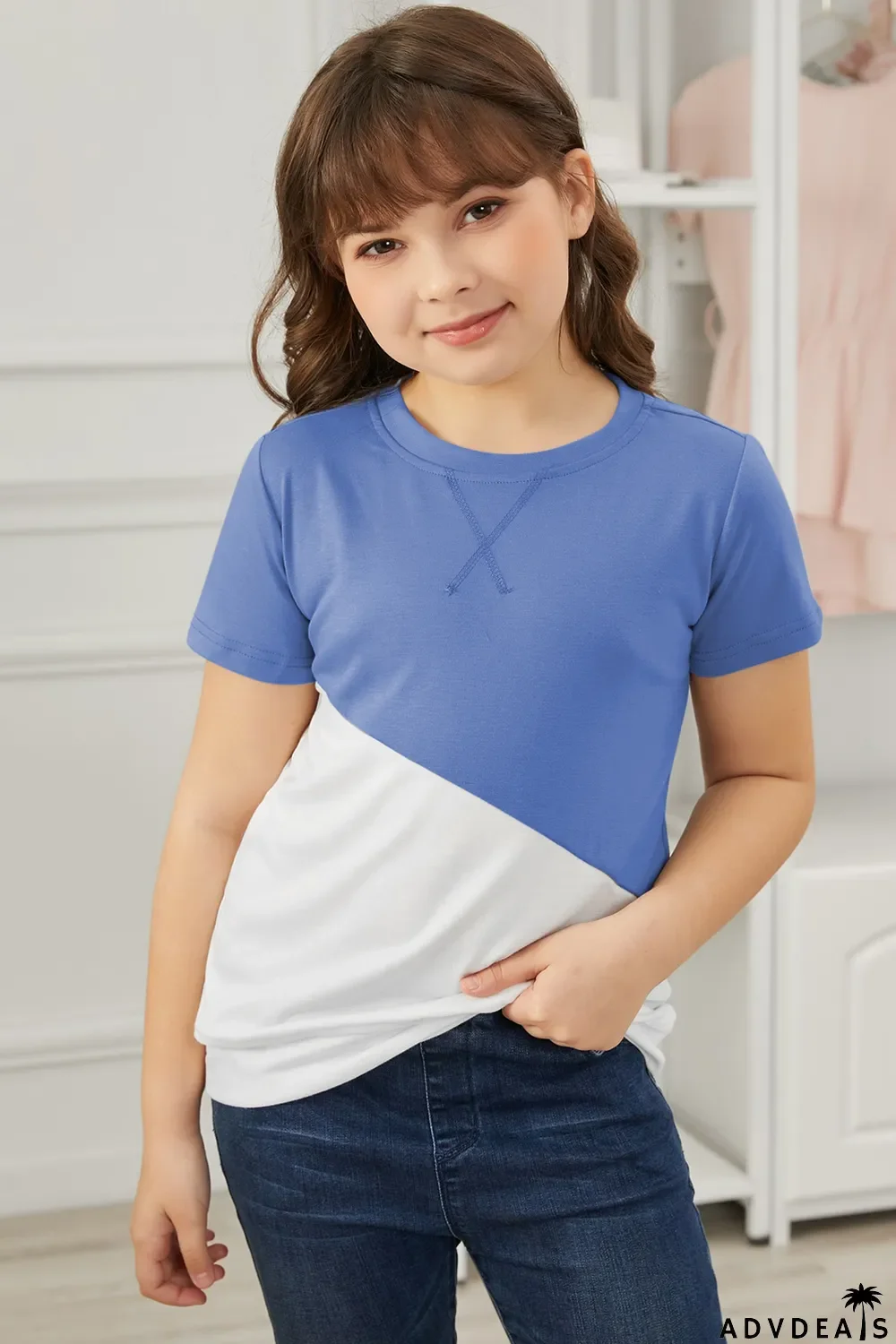 Sky Blue Colorblock Splicing Little Girl Tee