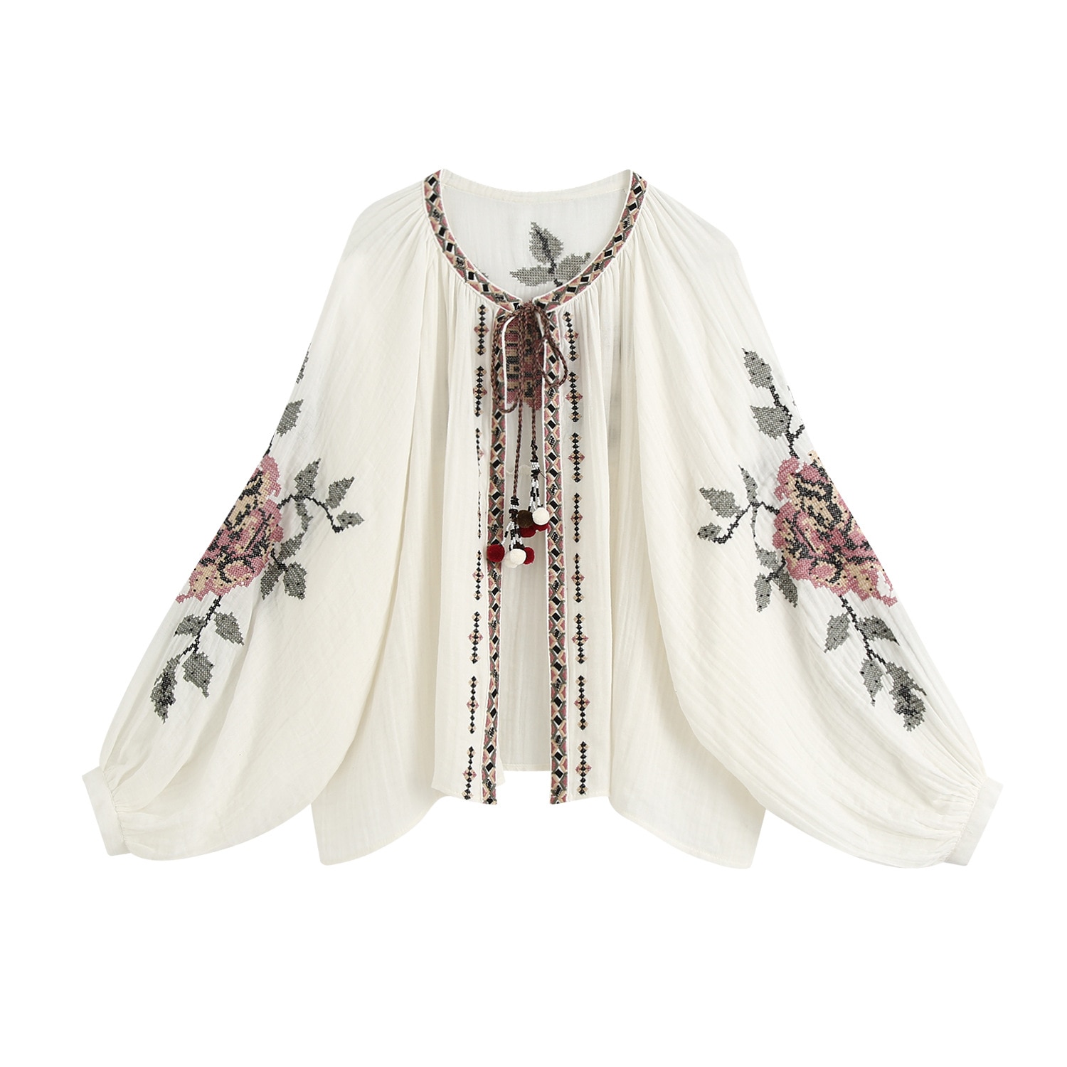 Floral Embroidery Long Sleeve Beige Cotton Loose Blouse