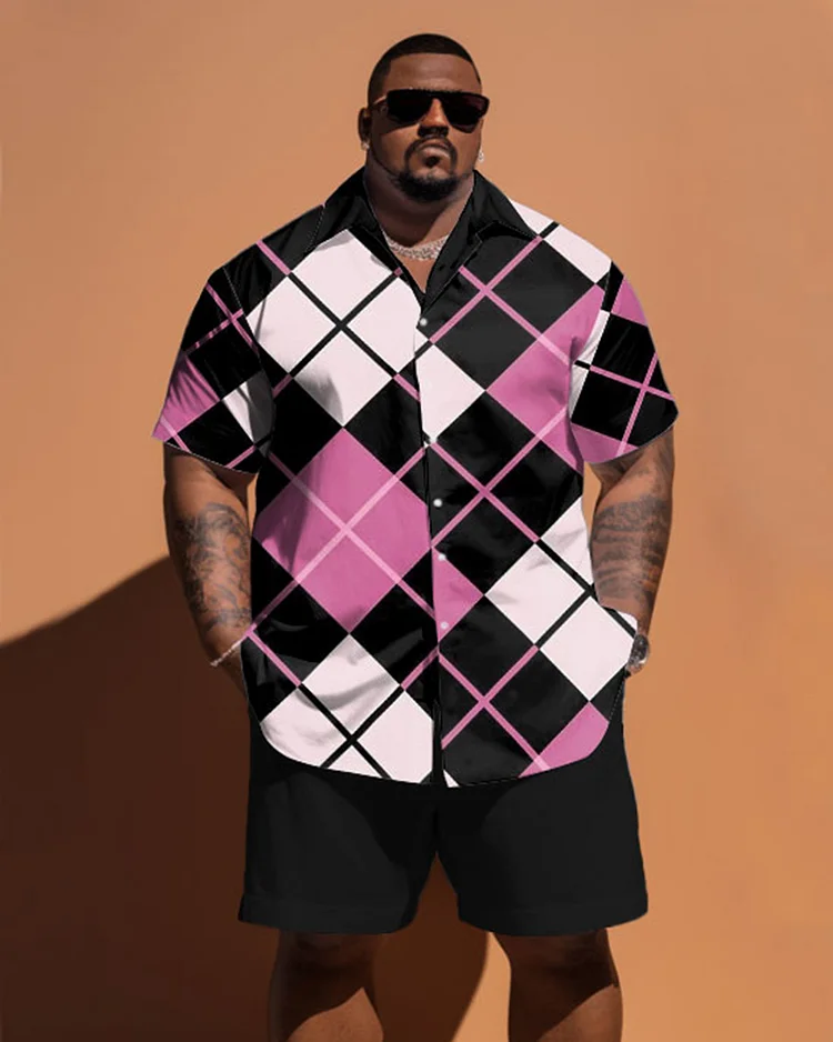 Men's Large Size Diamond Pink Contrast Plaid Short Sleeve Shirt Shorts Set