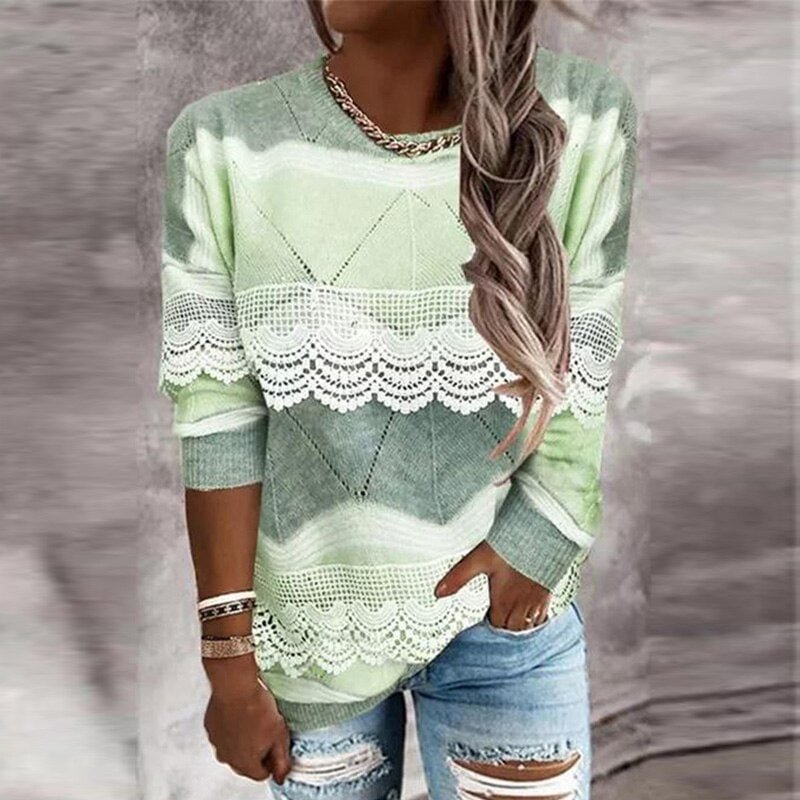 Autumn Spring Loose Tops Pullover Women Fashion Casual O-Neck Long Sleeve Blouse Shirts Vintage Patchwork Lace Chic Lady Blusa