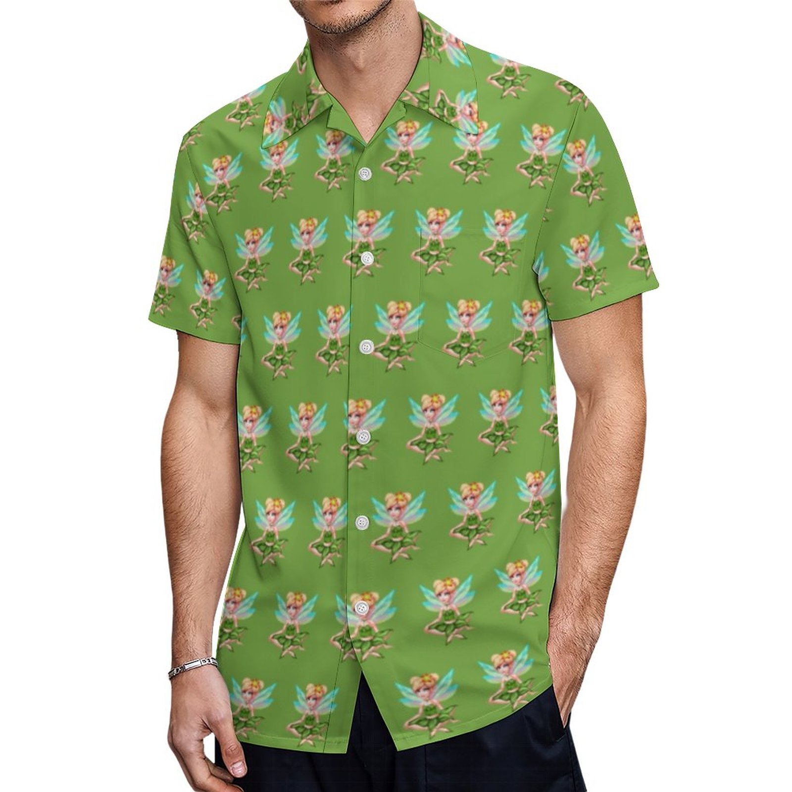 Cute Little Fairy On Green Mom Baby Comfortable Hawaiian Shirt Mens Button Down Tropical Hawaii Beach Shirts
