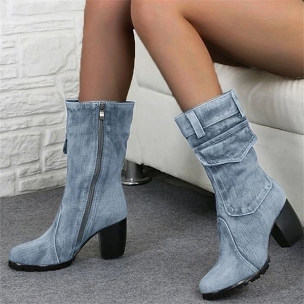 New Fashion Women's Denim Boots Chunky High Heel Mid Calf Boots Ladies Side Zipper Cowboy Boots - Shop Trendy Women's Clothing | LoverChic