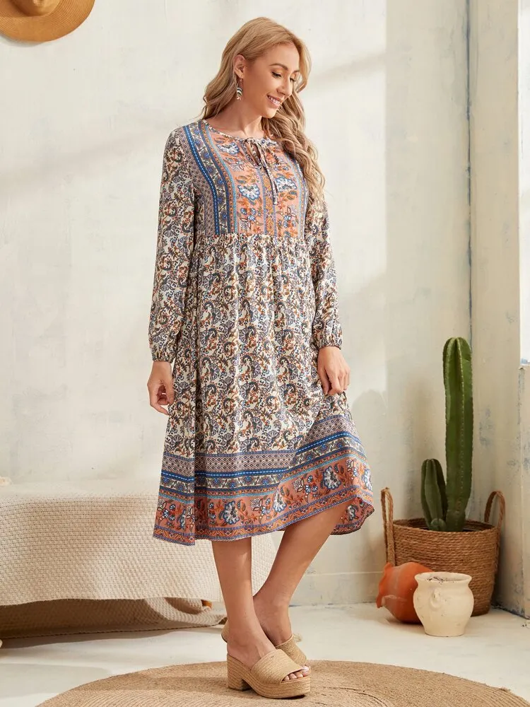 Tie Neck Floral Print Lantern Sleeve Smock Dress