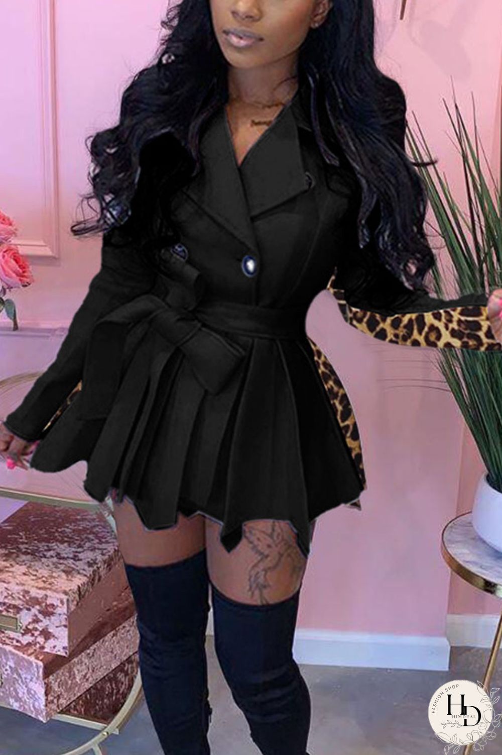 Black Fashion Leopard Camouflage Print Split Joint POLO collar Asymmetrical Dresses