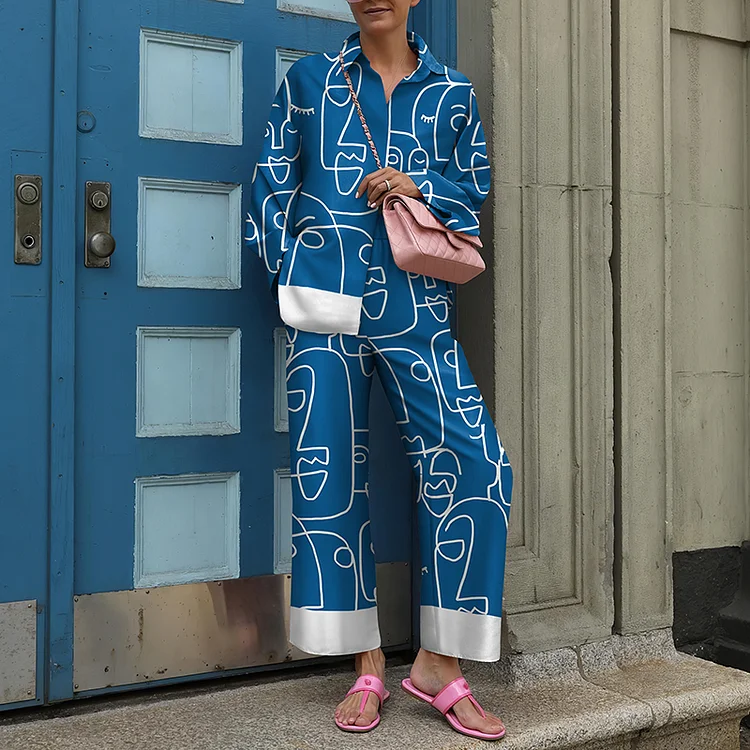 Colorblock Abstract Print Long Sleeve Two Piece Set