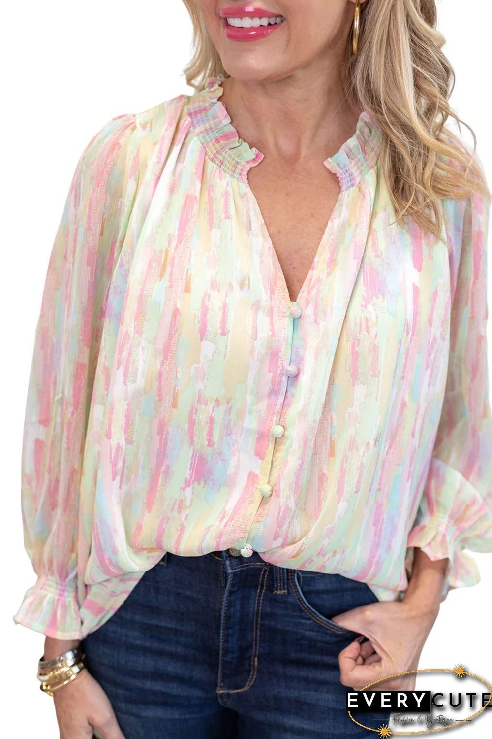 Multicolor Abstract Print Frilled Buttoned Long Sleeve Shirt