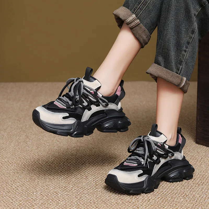 Yyvonne Layer Of Cowhick Thick-Bottomed Old Dad Shoes Autumn New Coloring Sports Single Shoes Leather Casual Shoes