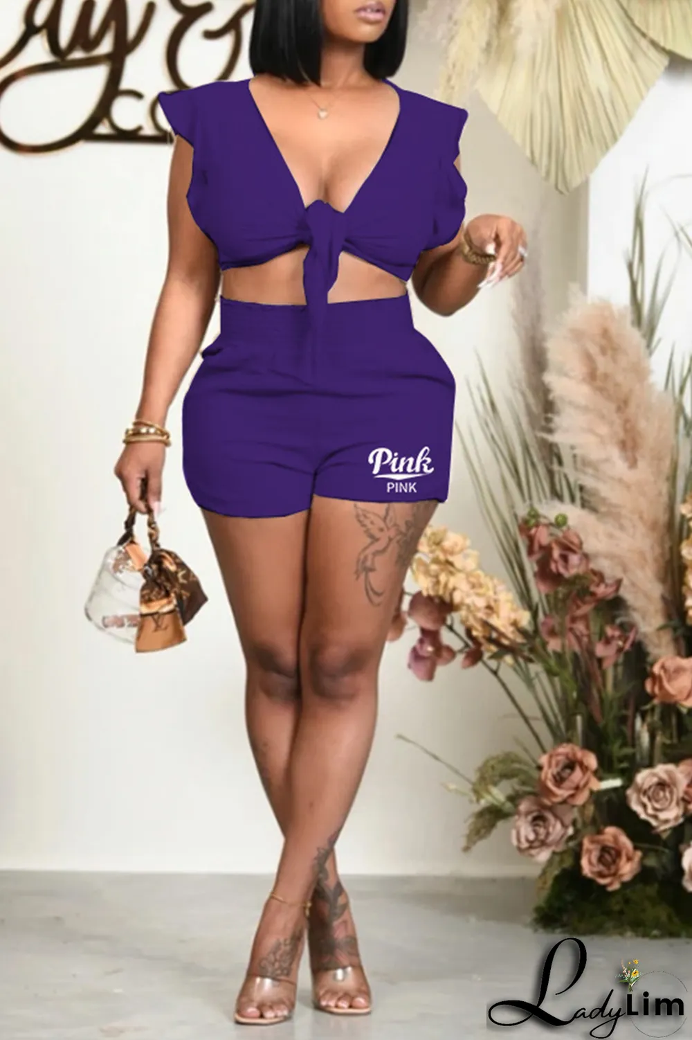 Purple Sexy Print Bandage V Neck Two Pieces