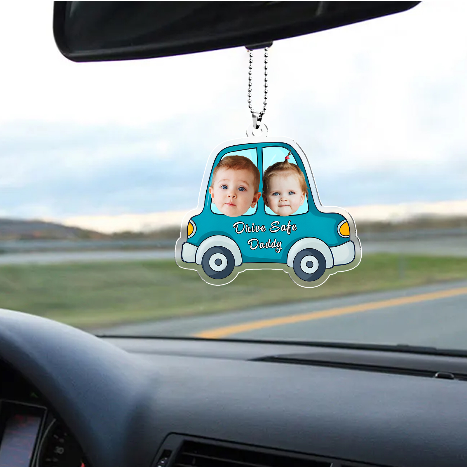 Personalised Blue Car Acrylic Hanging Ornament Custom 2 Photos & 1 Text & 1 Name Keychain Pedant Gift for Mom/Dad-Jessemade AU