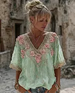 Women's Vintage Spring Floral Embroidered Art Print Flowy Linen Blend Short Sleeve Casual Tops - Image 7