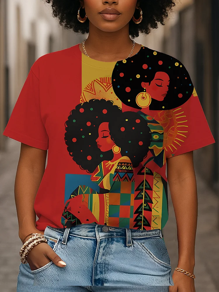 Women's African Ethnic Portrait Painted Print Round Neck Short Sleeve T-Shirt 