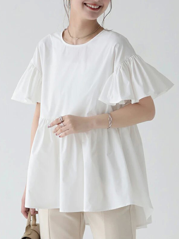 Puff Sleeve Pleated Round Neck Solid Color Blouses