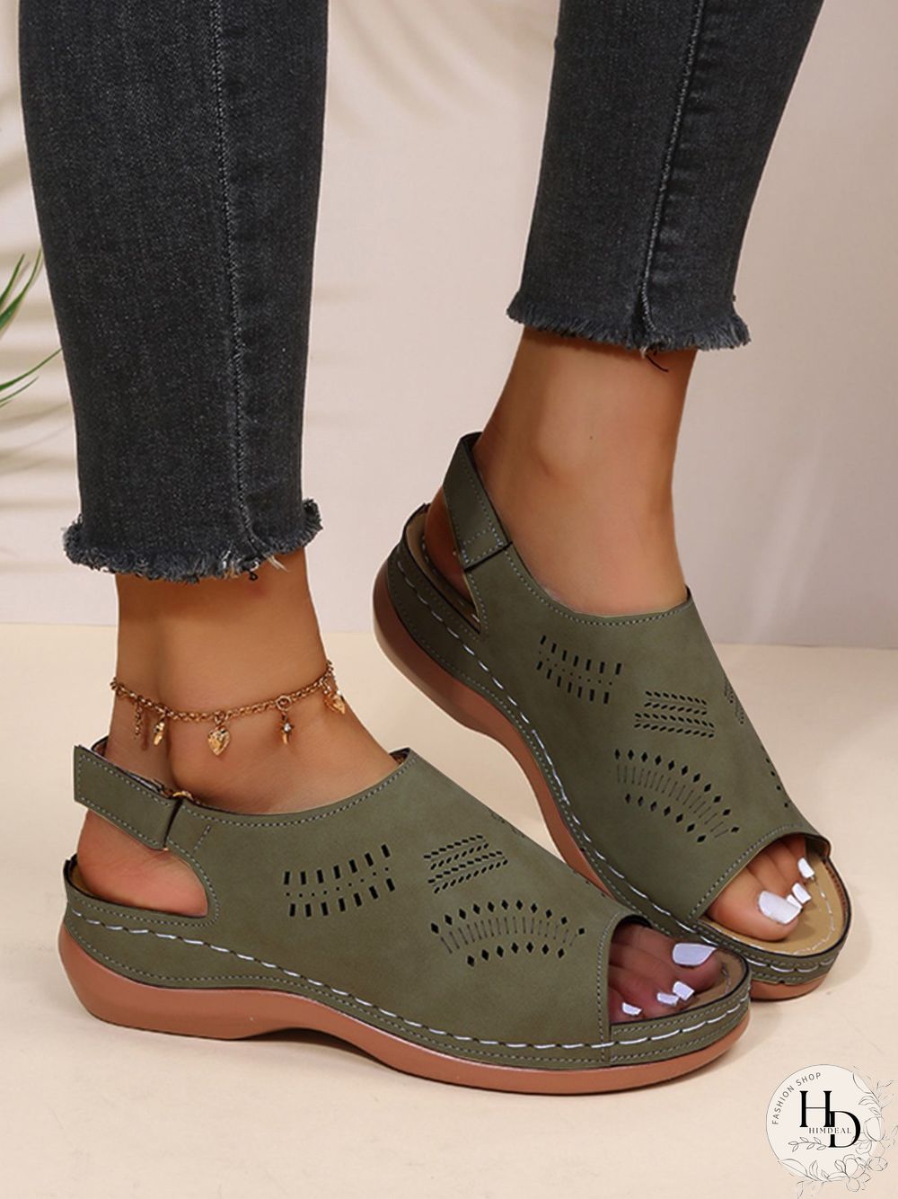 Cutout Velcro Vintage Casual Velcro Wedge Sandals