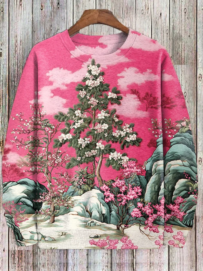 Men's 3D Pink Christmas Tree Landscape Japanese Art Casual Sweatshirt