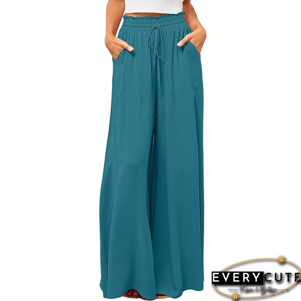 Peacock Blue High Waist Elastic Waistband Long Culottes