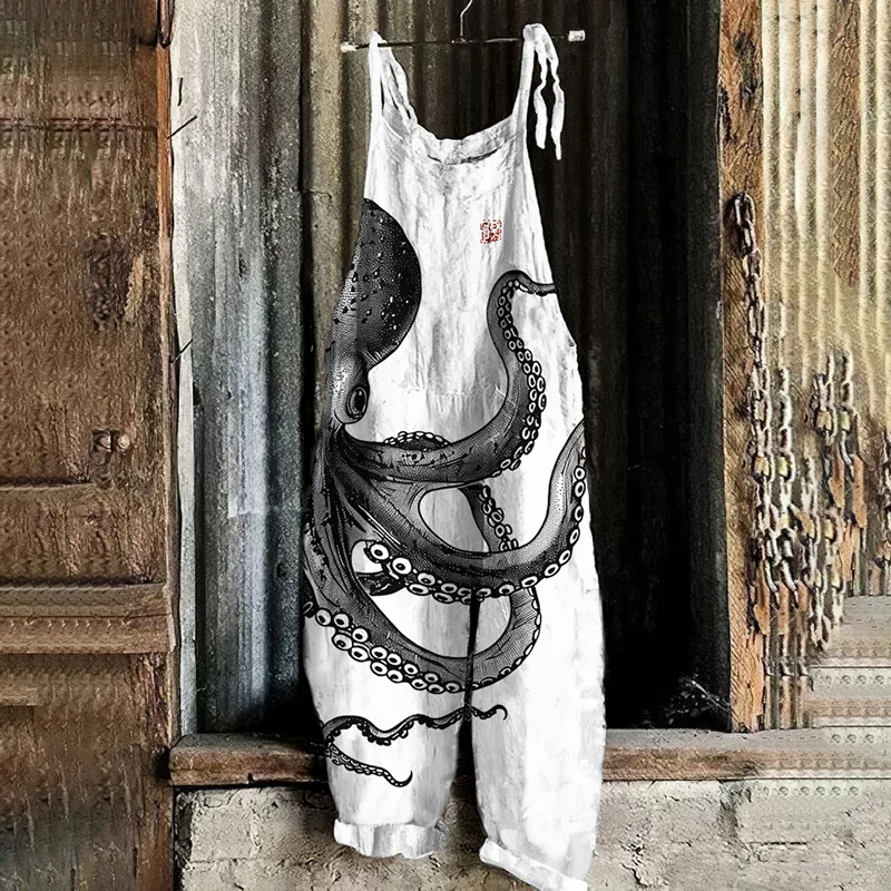Japanese Art Vintage Octopus Print Casual Loose Jumpsuit