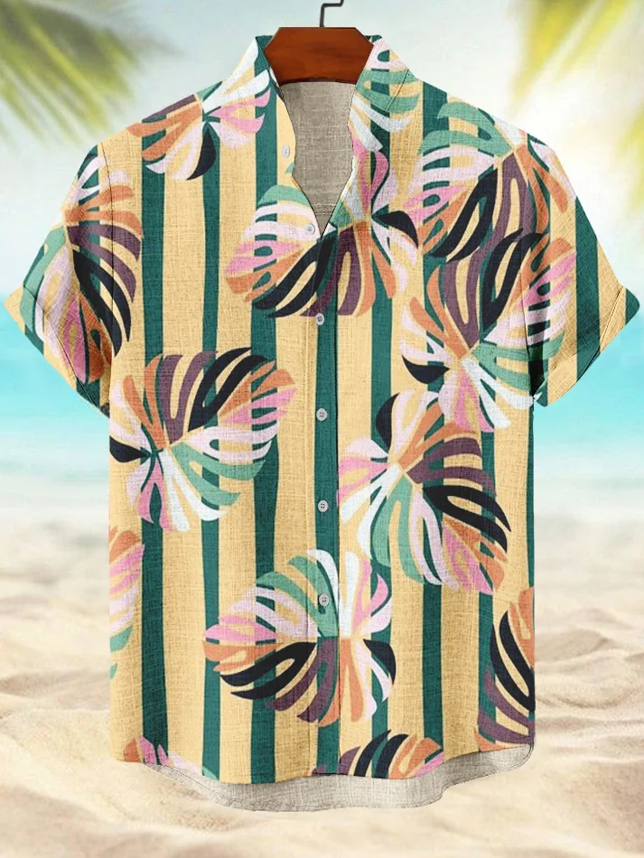 Men's Vacation Tropical Leaves Striped Print Shirt