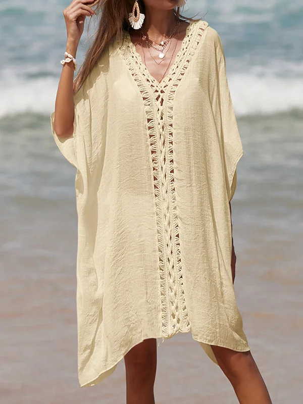 Women plus size clothing Women's 3/4 Sleeve V-neck Lace Hollow Beach Medium Style Smock-Nordswear