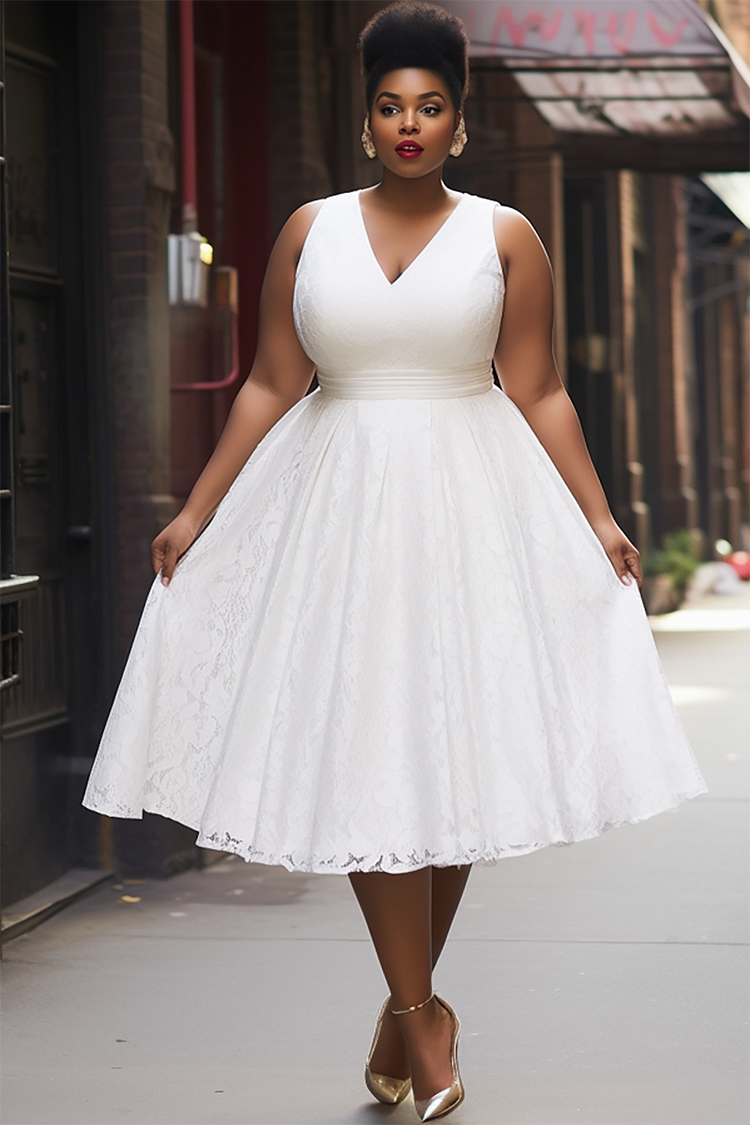 Xpluswear Design Plus Size Semi Formal White Elegant V Neck Lace Midi Dresses
