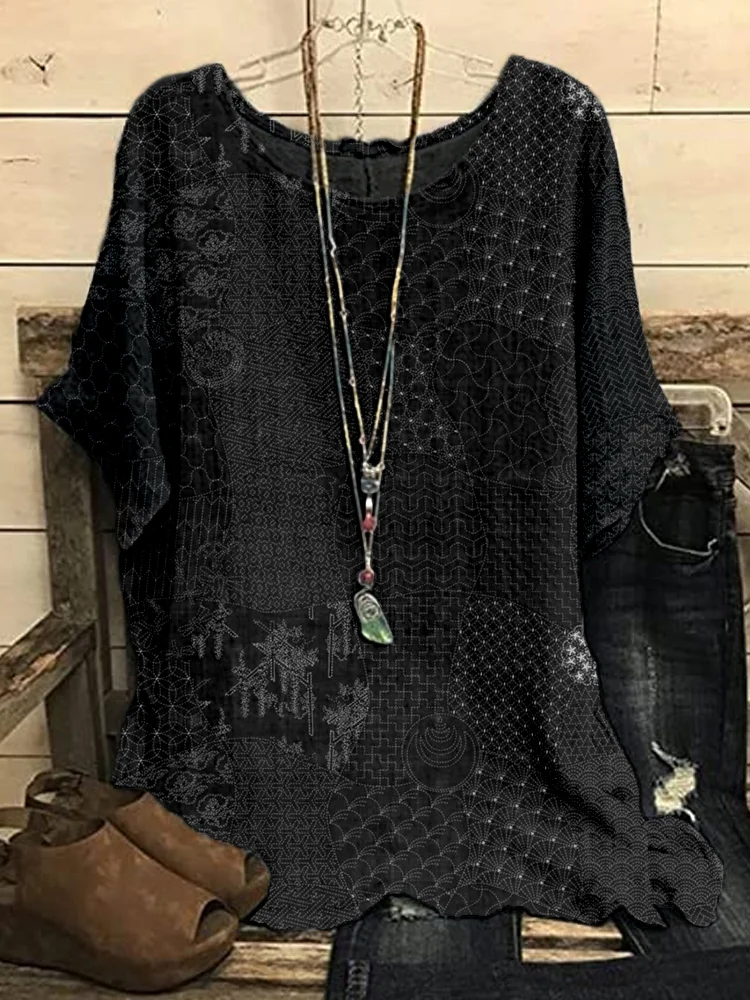Japanese Traditional Sashiko Art Flowy Tunic