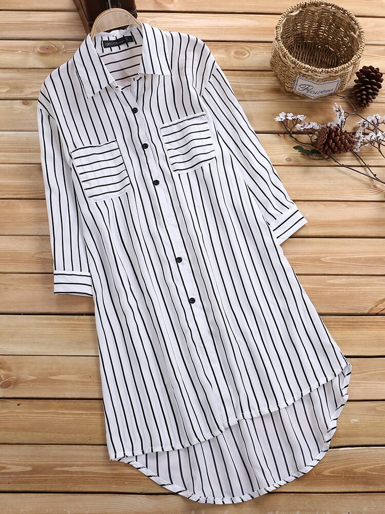 Leisure Cross Stripe Pockets Half Sleeve Women Blouse P1036206