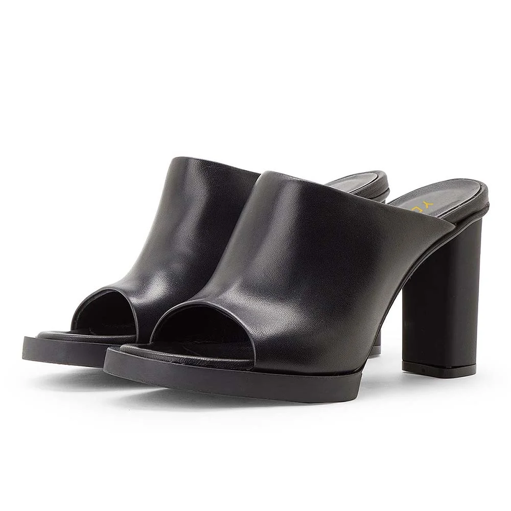 YDN Black Open Round Toe Chunky Heel Classic Mules Sandals