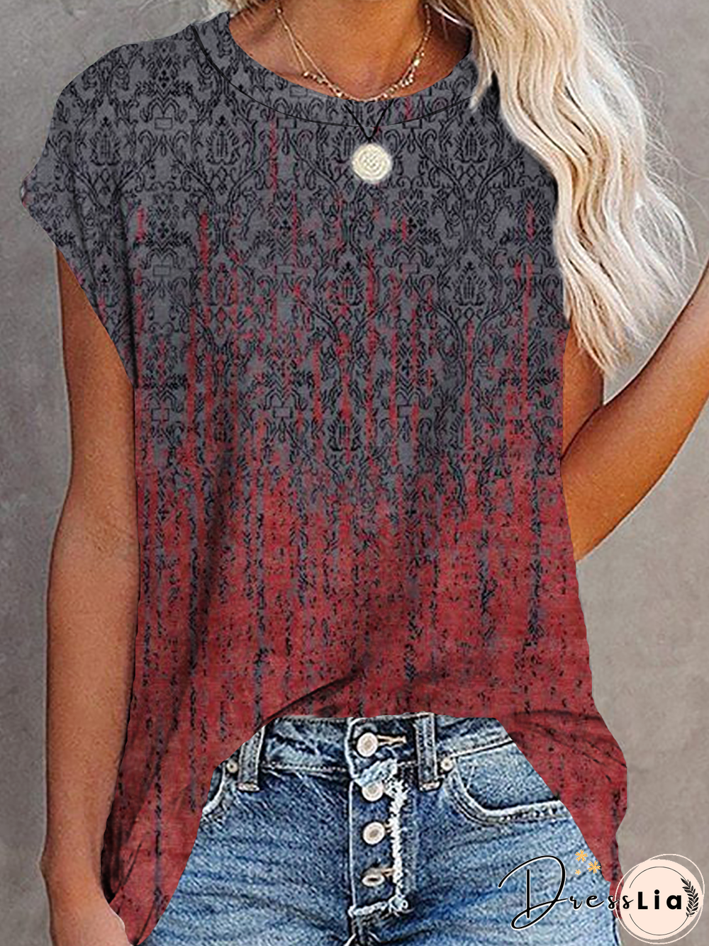 Paisley Short Sleeve Printed Cotton-blend Crew Neck Vintage Summer Red Top