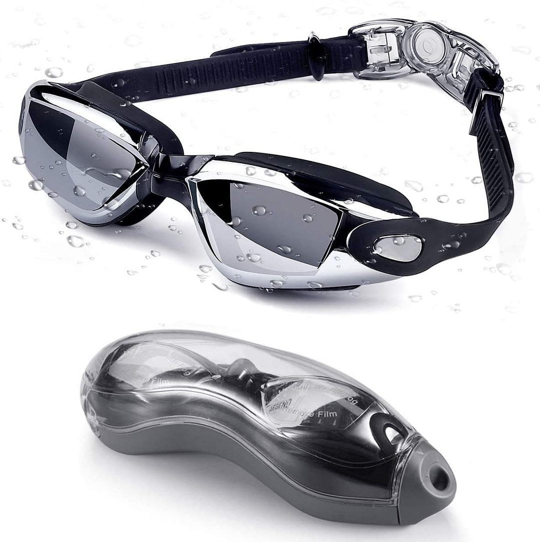 Swim Goggles, No Leaking Anti-Fog Indoor Outdoor Swimming Goggles with UV Protective Mirrored Lenses (Bright Black)