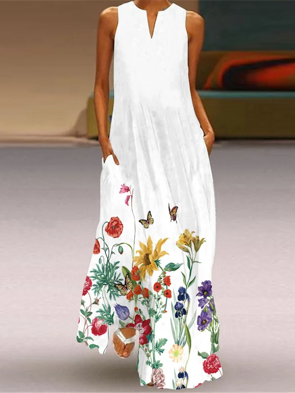 V-Neck Long Sleeve Pocket Print Loose Casual Maxi Dresses