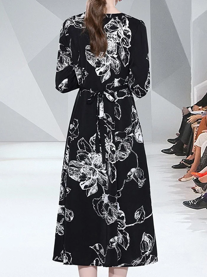 V-neck Black Print Dress