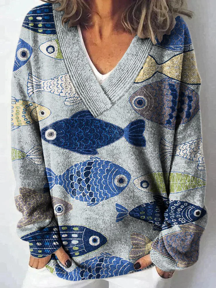 Lovely Fish Art Print Knit V-neck Pullover Sweater