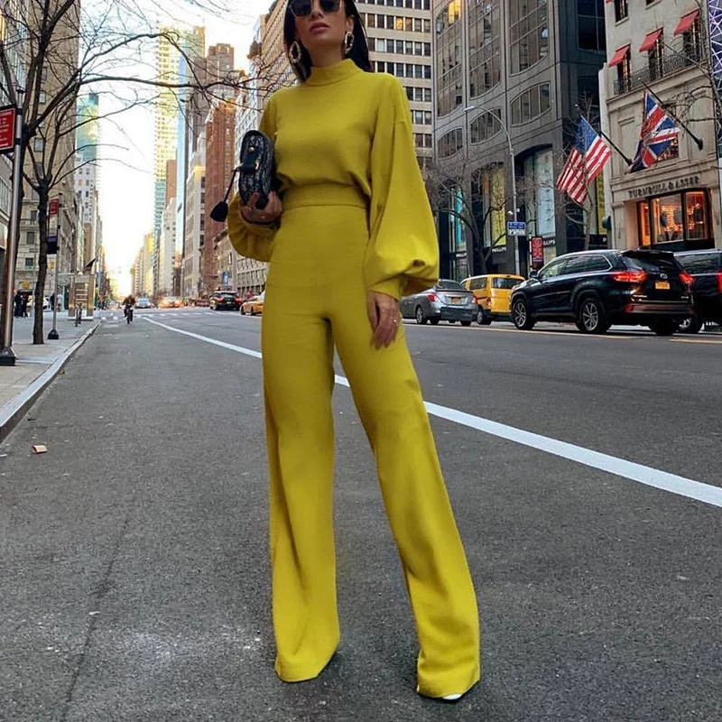 2021 Women Fashion Elegant Backless Long Sleeve Wide Leg Pant Rompers Chic Turtleneck Solid Office Long Jumpsuit Casual Overalls