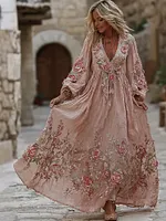 Women's Bohemian Pink Floral Embroidered Art V-neck Long Sleeve Midi Dress