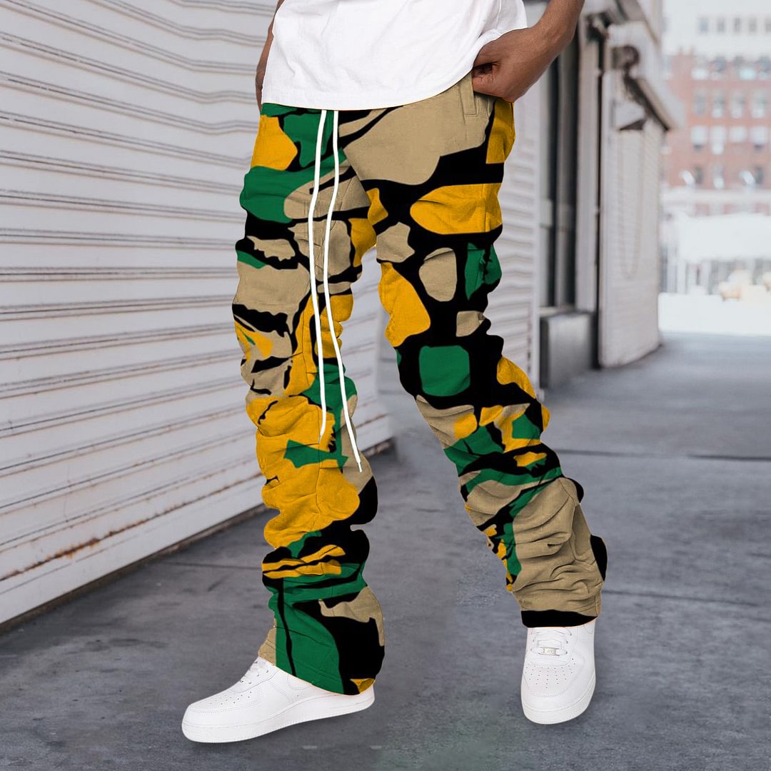 Contrasting color retro trendy brand printing stacked pants trousers