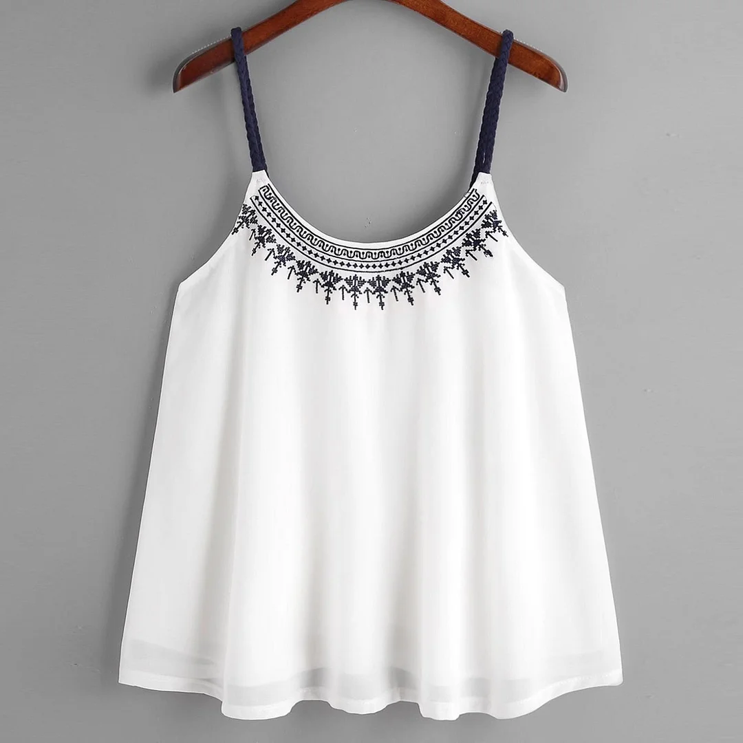 Summer Fashion Women Ladies Embroidered Chiffon Cami Tops Blouse Sexy Vest Crop Top T-Shirt Tank Vest Summer Fashion Clothes