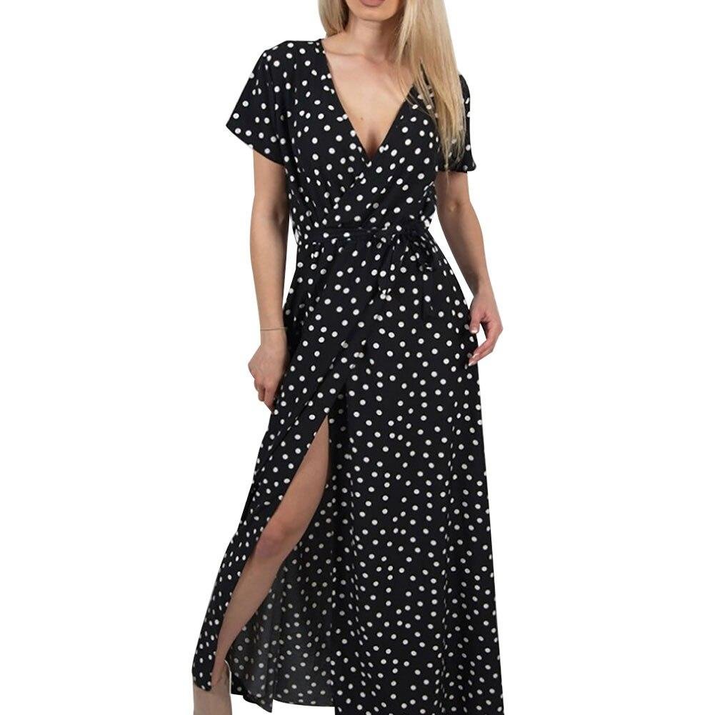 Summer Women Beach Party Sexy Deep-V Polka Dot Slits Short Sleeve Maxi Dress High slit dress Polka dot pattern fashion  elegant